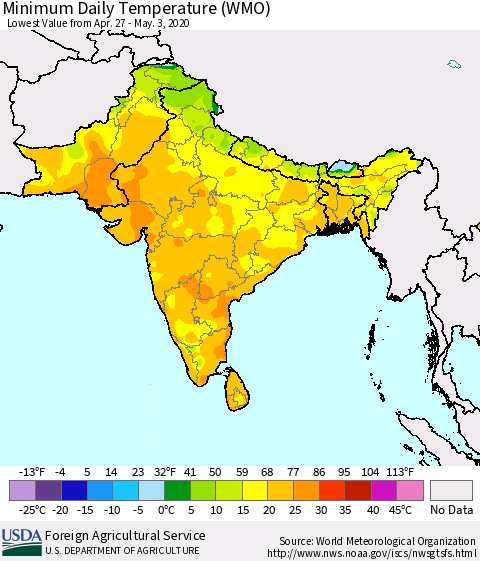 Southern Asia Minimum Daily Temperature (WMO) Thematic Map For 4/27/2020 - 5/3/2020