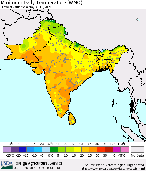Southern Asia Minimum Daily Temperature (WMO) Thematic Map For 5/4/2020 - 5/10/2020