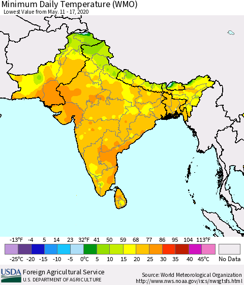 Southern Asia Minimum Daily Temperature (WMO) Thematic Map For 5/11/2020 - 5/17/2020