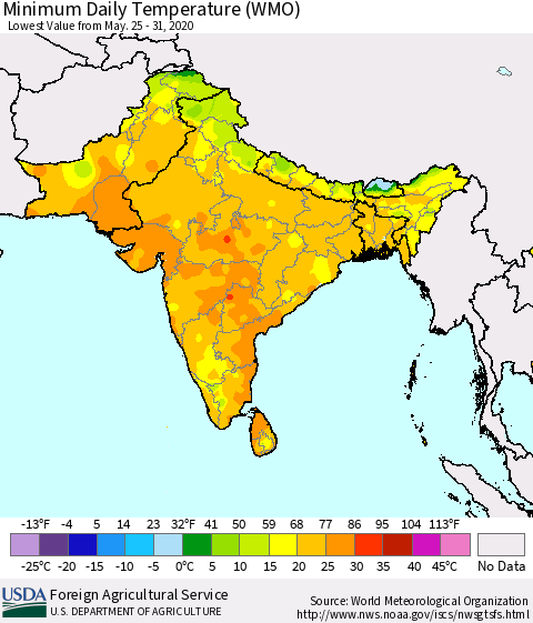 Southern Asia Extreme Minimum Temperature (WMO) Thematic Map For 5/25/2020 - 5/31/2020