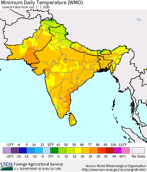 Southern Asia Extreme Minimum Temperature (WMO) Thematic Map For 6/1/2020 - 6/7/2020
