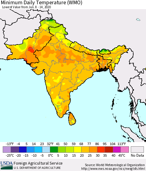 Southern Asia Minimum Daily Temperature (WMO) Thematic Map For 6/8/2020 - 6/14/2020