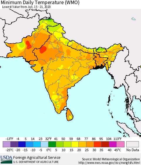 Southern Asia Minimum Daily Temperature (WMO) Thematic Map For 6/15/2020 - 6/21/2020
