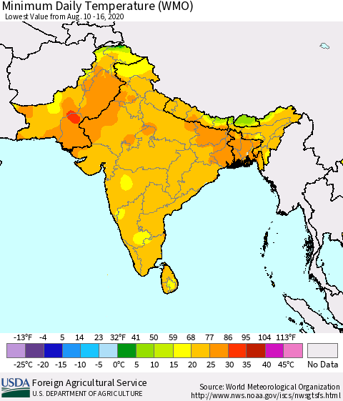 Southern Asia Minimum Daily Temperature (WMO) Thematic Map For 8/10/2020 - 8/16/2020