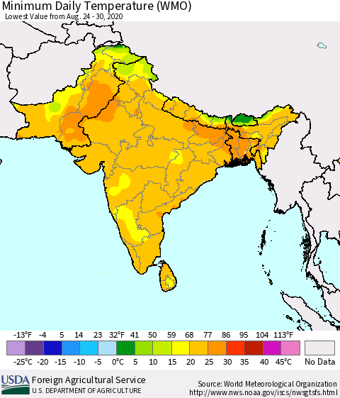 Southern Asia Extreme Minimum Temperature (WMO) Thematic Map For 8/24/2020 - 8/30/2020