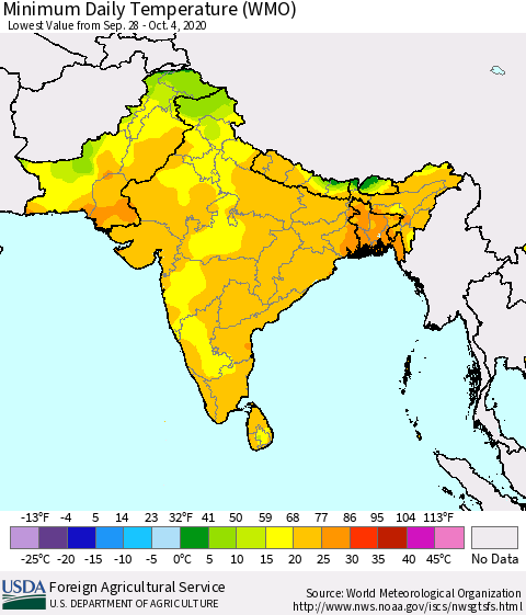 Southern Asia Minimum Daily Temperature (WMO) Thematic Map For 9/28/2020 - 10/4/2020