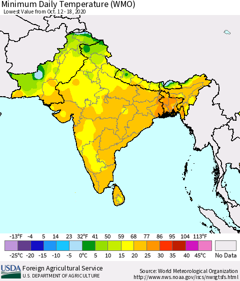 Southern Asia Minimum Daily Temperature (WMO) Thematic Map For 10/12/2020 - 10/18/2020