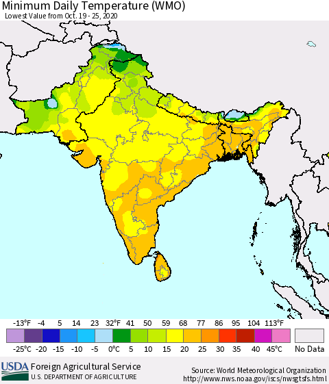 Southern Asia Minimum Daily Temperature (WMO) Thematic Map For 10/19/2020 - 10/25/2020