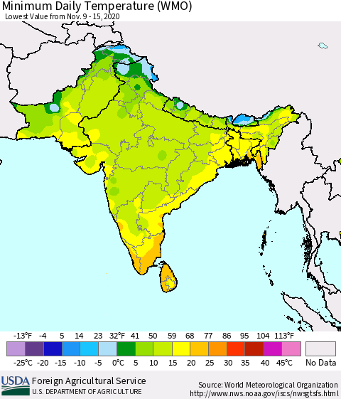 Southern Asia Minimum Daily Temperature (WMO) Thematic Map For 11/9/2020 - 11/15/2020