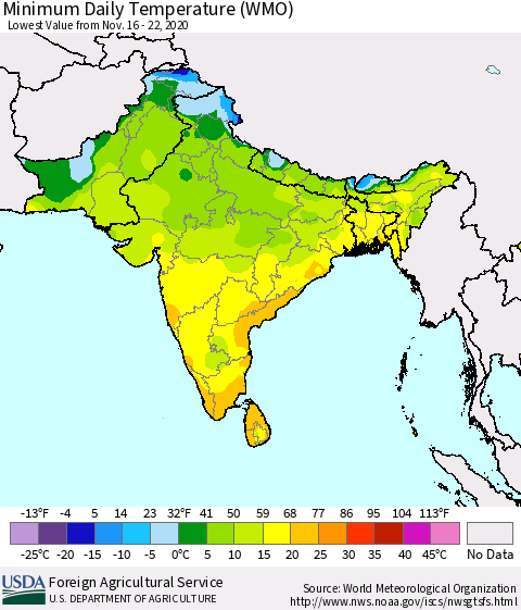 Southern Asia Minimum Daily Temperature (WMO) Thematic Map For 11/16/2020 - 11/22/2020