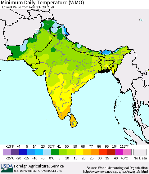 Southern Asia Minimum Daily Temperature (WMO) Thematic Map For 11/23/2020 - 11/29/2020