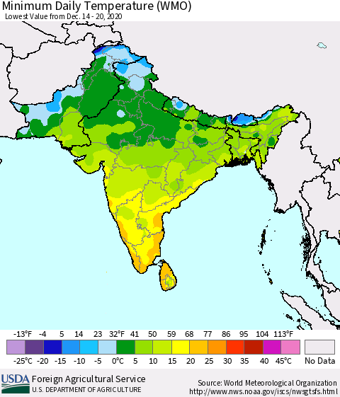 Southern Asia Minimum Daily Temperature (WMO) Thematic Map For 12/14/2020 - 12/20/2020