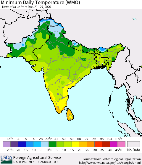 Southern Asia Minimum Daily Temperature (WMO) Thematic Map For 12/21/2020 - 12/27/2020