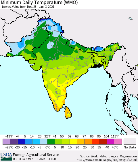 Southern Asia Minimum Daily Temperature (WMO) Thematic Map For 12/28/2020 - 1/3/2021