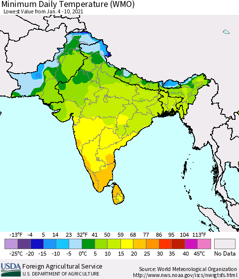 Southern Asia Minimum Daily Temperature (WMO) Thematic Map For 1/4/2021 - 1/10/2021