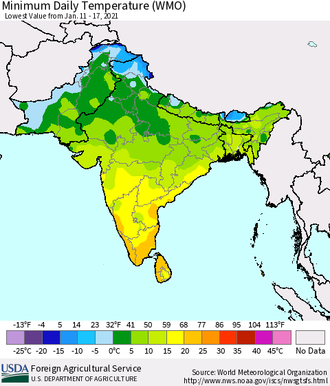 Southern Asia Minimum Daily Temperature (WMO) Thematic Map For 1/11/2021 - 1/17/2021