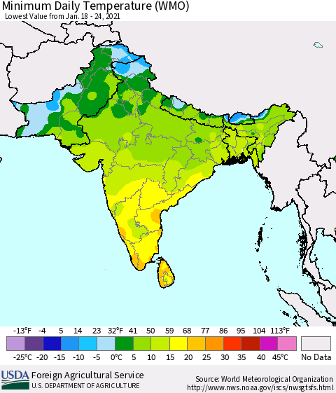 Southern Asia Minimum Daily Temperature (WMO) Thematic Map For 1/18/2021 - 1/24/2021