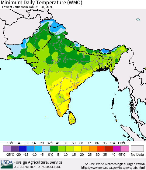 Southern Asia Minimum Daily Temperature (WMO) Thematic Map For 1/25/2021 - 1/31/2021