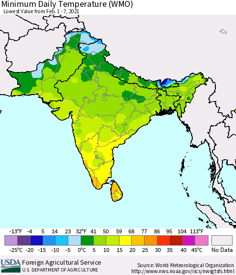Southern Asia Minimum Daily Temperature (WMO) Thematic Map For 2/1/2021 - 2/7/2021