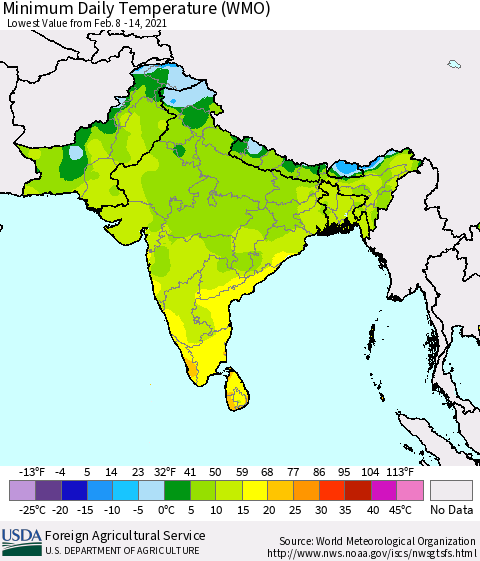Southern Asia Minimum Daily Temperature (WMO) Thematic Map For 2/8/2021 - 2/14/2021