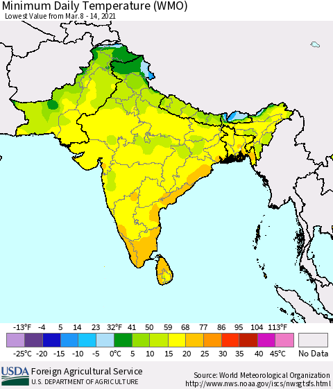 Southern Asia Minimum Daily Temperature (WMO) Thematic Map For 3/8/2021 - 3/14/2021