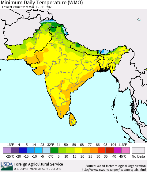Southern Asia Minimum Daily Temperature (WMO) Thematic Map For 3/15/2021 - 3/21/2021