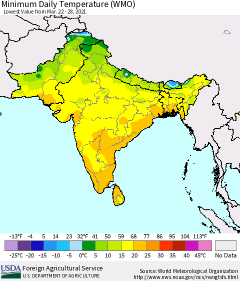 Southern Asia Minimum Daily Temperature (WMO) Thematic Map For 3/22/2021 - 3/28/2021