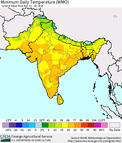 Southern Asia Minimum Daily Temperature (WMO) Thematic Map For 4/12/2021 - 4/18/2021