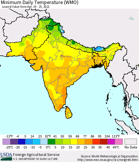 Southern Asia Minimum Daily Temperature (WMO) Thematic Map For 4/19/2021 - 4/25/2021