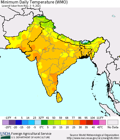 Southern Asia Extreme Minimum Temperature (WMO) Thematic Map For 5/3/2021 - 5/9/2021