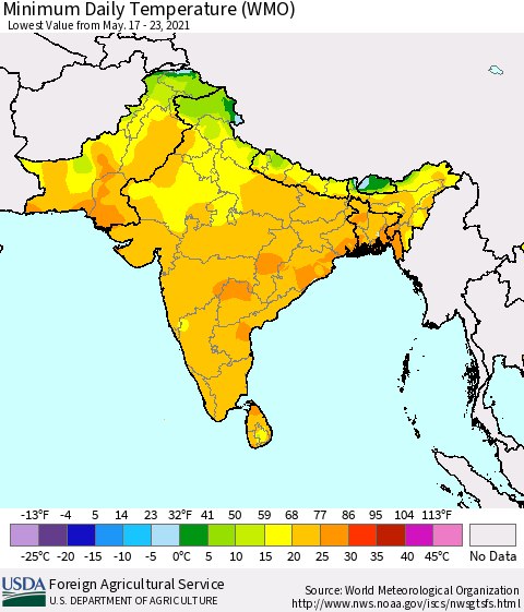Southern Asia Minimum Daily Temperature (WMO) Thematic Map For 5/17/2021 - 5/23/2021