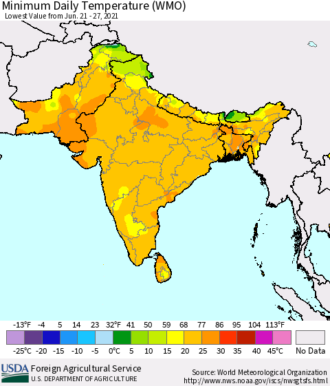 Southern Asia Minimum Daily Temperature (WMO) Thematic Map For 6/21/2021 - 6/27/2021