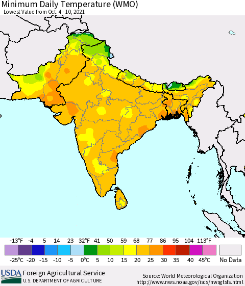Southern Asia Minimum Daily Temperature (WMO) Thematic Map For 10/4/2021 - 10/10/2021