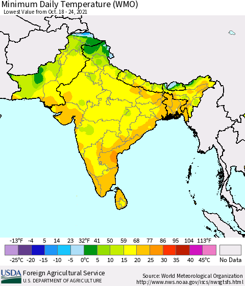 Southern Asia Minimum Daily Temperature (WMO) Thematic Map For 10/18/2021 - 10/24/2021