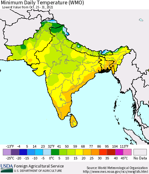 Southern Asia Minimum Daily Temperature (WMO) Thematic Map For 10/25/2021 - 10/31/2021