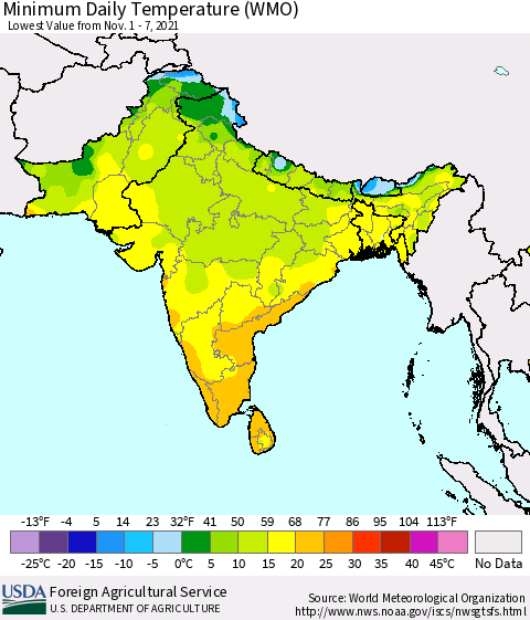 Southern Asia Minimum Daily Temperature (WMO) Thematic Map For 11/1/2021 - 11/7/2021