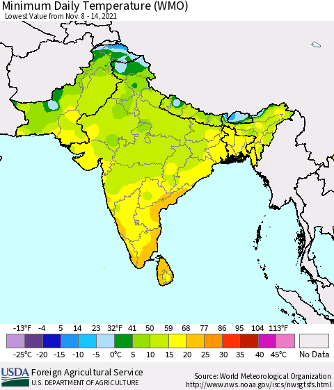 Southern Asia Minimum Daily Temperature (WMO) Thematic Map For 11/8/2021 - 11/14/2021