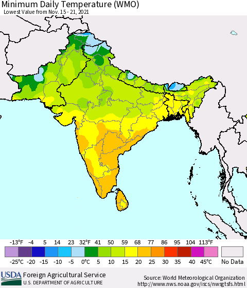 Southern Asia Minimum Daily Temperature (WMO) Thematic Map For 11/15/2021 - 11/21/2021