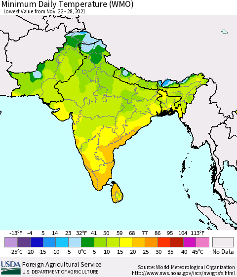 Southern Asia Minimum Daily Temperature (WMO) Thematic Map For 11/22/2021 - 11/28/2021