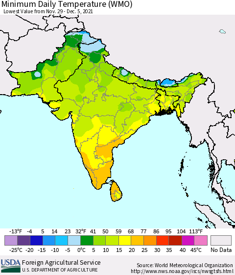 Southern Asia Minimum Daily Temperature (WMO) Thematic Map For 11/29/2021 - 12/5/2021