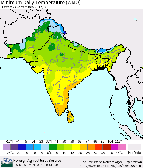 Southern Asia Minimum Daily Temperature (WMO) Thematic Map For 12/6/2021 - 12/12/2021