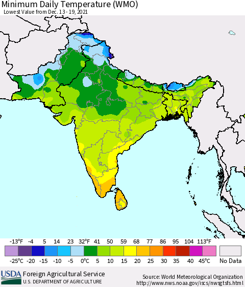Southern Asia Minimum Daily Temperature (WMO) Thematic Map For 12/13/2021 - 12/19/2021