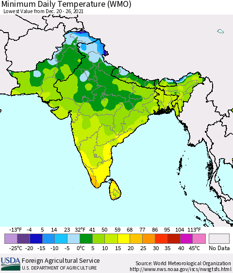 Southern Asia Minimum Daily Temperature (WMO) Thematic Map For 12/20/2021 - 12/26/2021