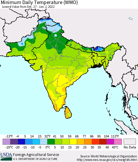 Southern Asia Minimum Daily Temperature (WMO) Thematic Map For 12/27/2021 - 1/2/2022