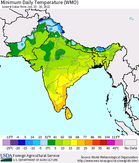 Southern Asia Minimum Daily Temperature (WMO) Thematic Map For 1/10/2022 - 1/16/2022