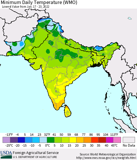 Southern Asia Minimum Daily Temperature (WMO) Thematic Map For 1/17/2022 - 1/23/2022