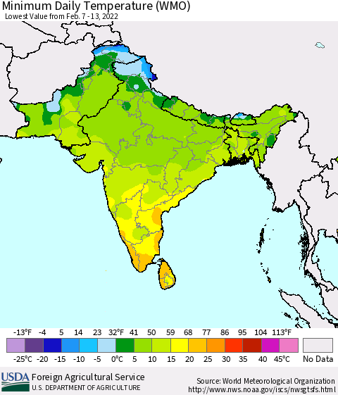 Southern Asia Minimum Daily Temperature (WMO) Thematic Map For 2/7/2022 - 2/13/2022
