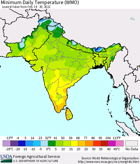Southern Asia Minimum Daily Temperature (WMO) Thematic Map For 2/14/2022 - 2/20/2022