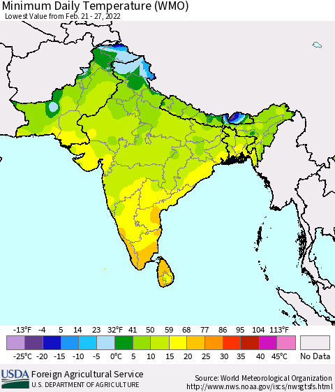 Southern Asia Minimum Daily Temperature (WMO) Thematic Map For 2/21/2022 - 2/27/2022