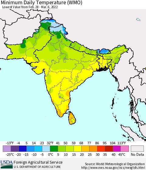 Southern Asia Minimum Daily Temperature (WMO) Thematic Map For 2/28/2022 - 3/6/2022
